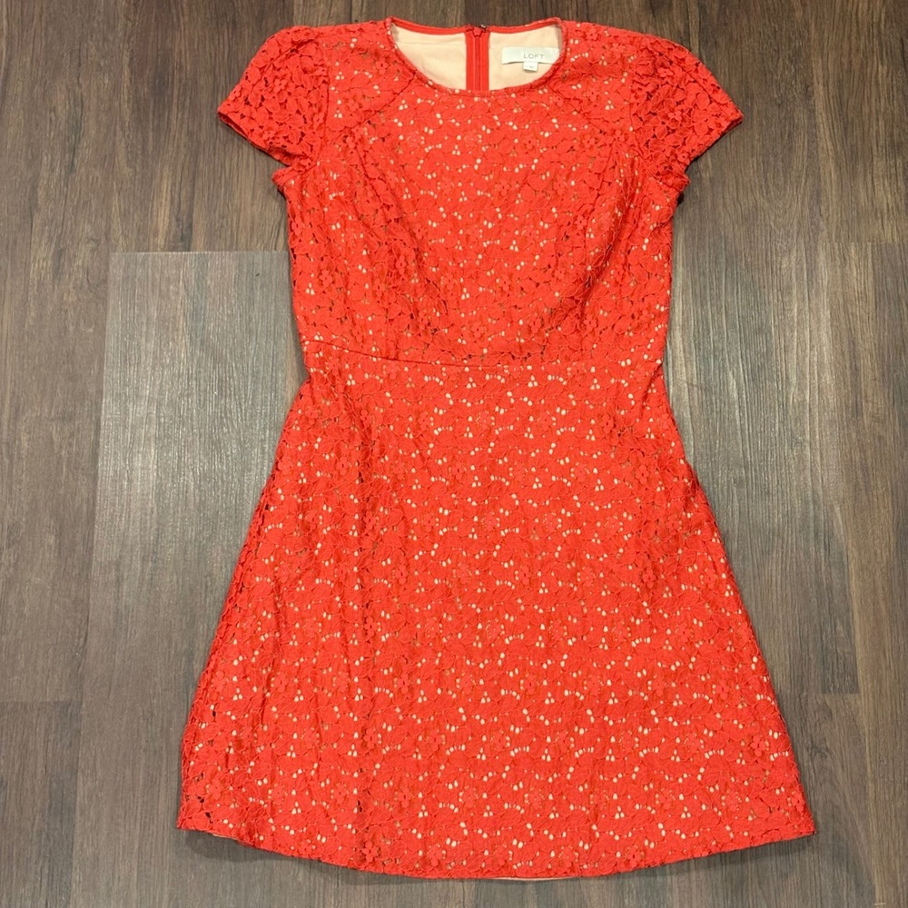 Wedding Guest Dress True Red Lace Cap Sleeve Fit Flare Nude Lining 4 Holiday
